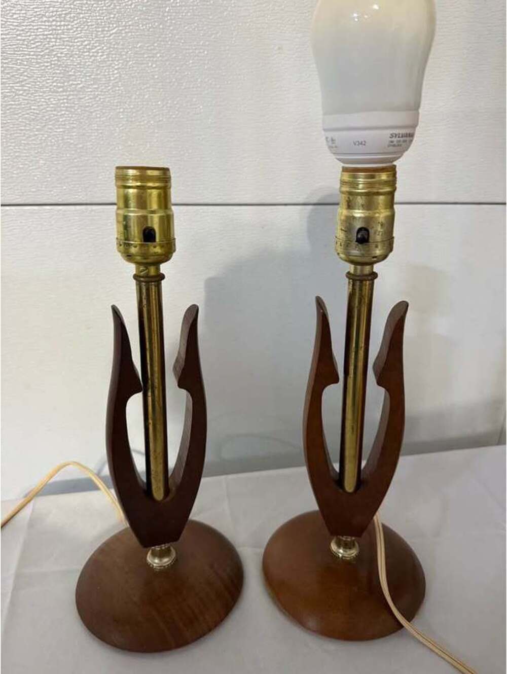 Pair of Mid-Century Modern Wood and Brass Table Lamps